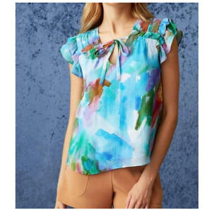 Marie Oliver Phoebe Blouse Womens Small Silk Blend Watercolor Ruffled Coastal